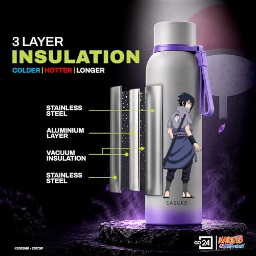 Image of Stainless Steel Water Bottle Naruto Grey - Sasuke 700ml | Triple Wall, Leakproof lid, BPA Free, ideal for gym, hiking, travel, Hot & Cold, food-grade stainless steel.