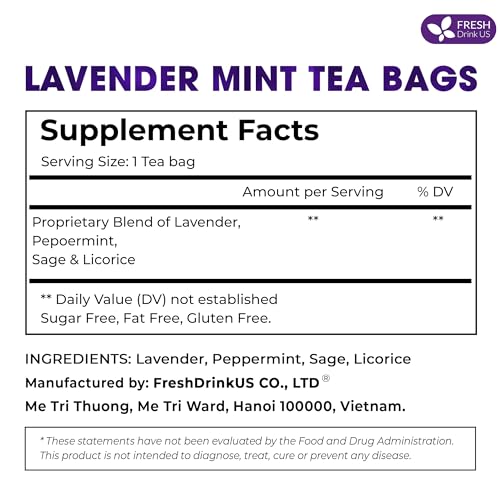 Image of FreshDrinkUS, Premium 75 Tea Bags Lavender Mint Tea, 100% Natural, Blend of Lavender, Peppermint, Sage and Licorice. Made with Natural Material Tea Bags. No Sugar, No Caffeine, Vegan.