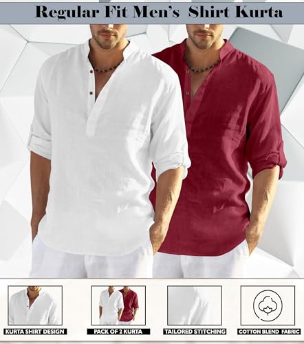 Image of Zombom Men's Combo Cotton Polyester Blend Solid Full Sleeve Straight Regular Fit Mandarin /Chinese Collor Kurta (Pack of 2)
