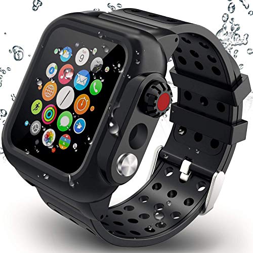 Waterproof Case Compatible with Apple Watch Series 4 44mm with Built-in Screen Protector and Silicone Watch Band Black