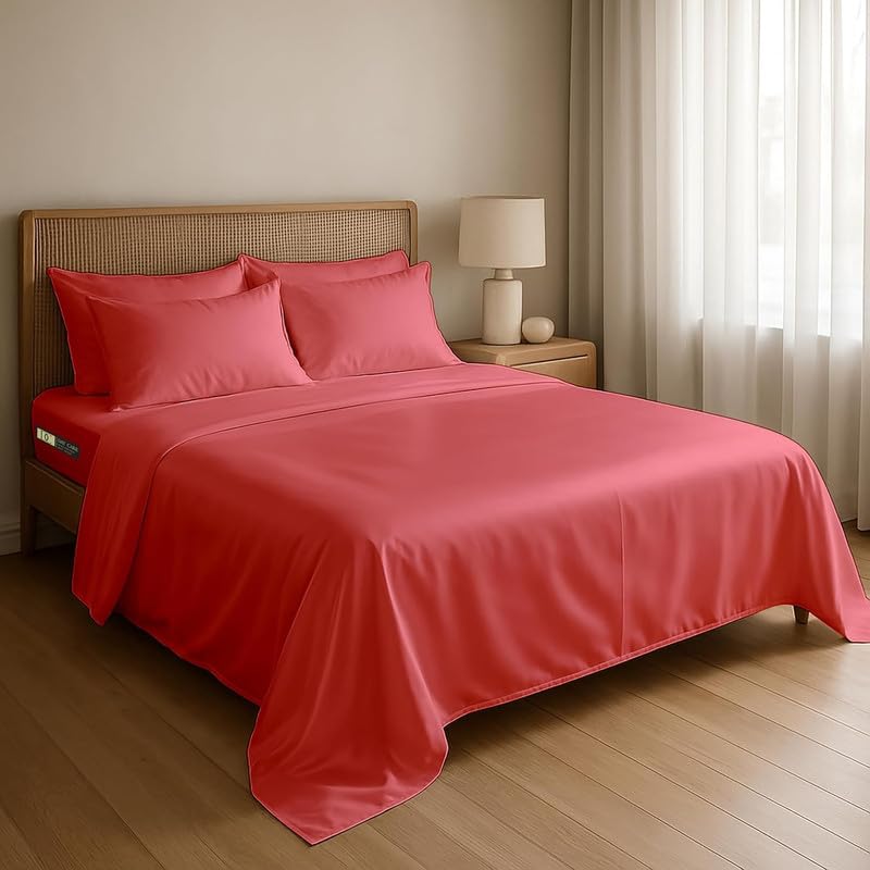 Image of Day Care-Luxury Satin Flat Double Bed (90x100 Inchs) Bedsheet|Ultra Soft Silky Smooth Touch|Breathable, Lightweight & Skin Friendly|Wrinkle Resistant|Coral Pink
