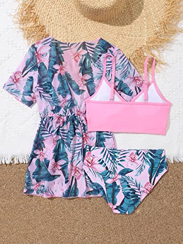 Image of WDIRARA Toddler Girl's Tropical Print Scoop Neck Cute Bikini 3 Piece Swimsuit with Kimono