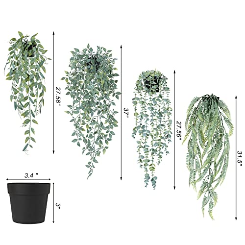 Cewor Artificial Hanging Plants 4 Pack Fake Hanging Plants Fake Potted Greenery Plants Faux Eucalyptus Vine Mandala Vine Persian Fern Leaf In Pot For Home Room Indoor Outdoor Shelf Decor #TOP1
