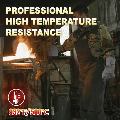 Intra-FIT Leder Grillhandschuhe Kaminhandschuhe–Hitzebeständig bis 500 °C,feuerfestes Rinds-Spaltleder,EN407 & EN388,Lange Stulpen für Ofen, Feuerstelle, Schweißen, Schmiede, BBQ & Feuerwehr(Grau,L)