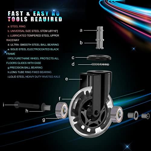 Hivexagon Chair Casters Wheel, 3 Office Chair Castors 11mm Stem, 300 kg Capacity, Quiet Rolling Desk Chair wheel Heavy Duty PU Rubber, Protecting Hardwood Floors Carpet Tile - Set of 5