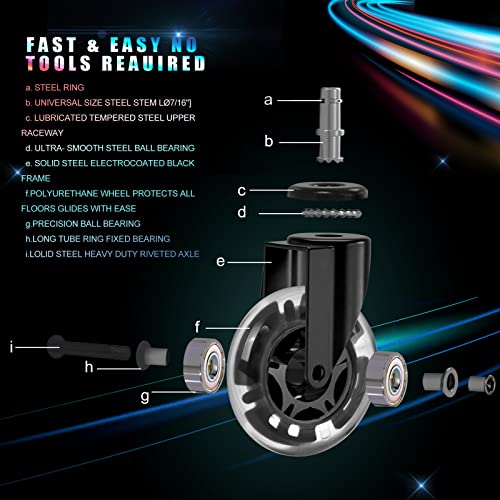 Hivexagon Office Chair Caster with RGB Color Changing Lights Set of 5 Rubber Replacement, Heavy Duty Universal Quiet Rolling Casters Fit Standard Office Chair for Hardwood Floors, Tiles and Carpet