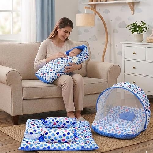 Image of Fareto Combo of Baby Bed with Net | Carry Bag | 4 Pcs Bedding Set (0-6 Months, Baby Size, Cotton) (Blue Apple)