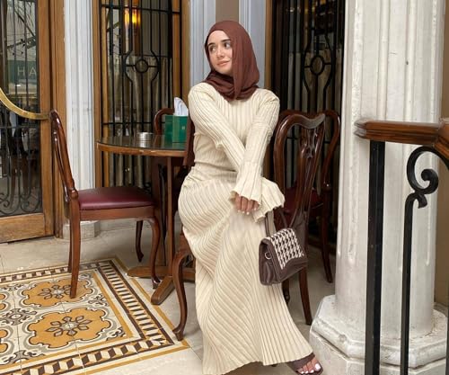 Image of Women's Long Sleeve Sweater Dress Ankle Length Fall Dress Vneck Knit Winter Dress