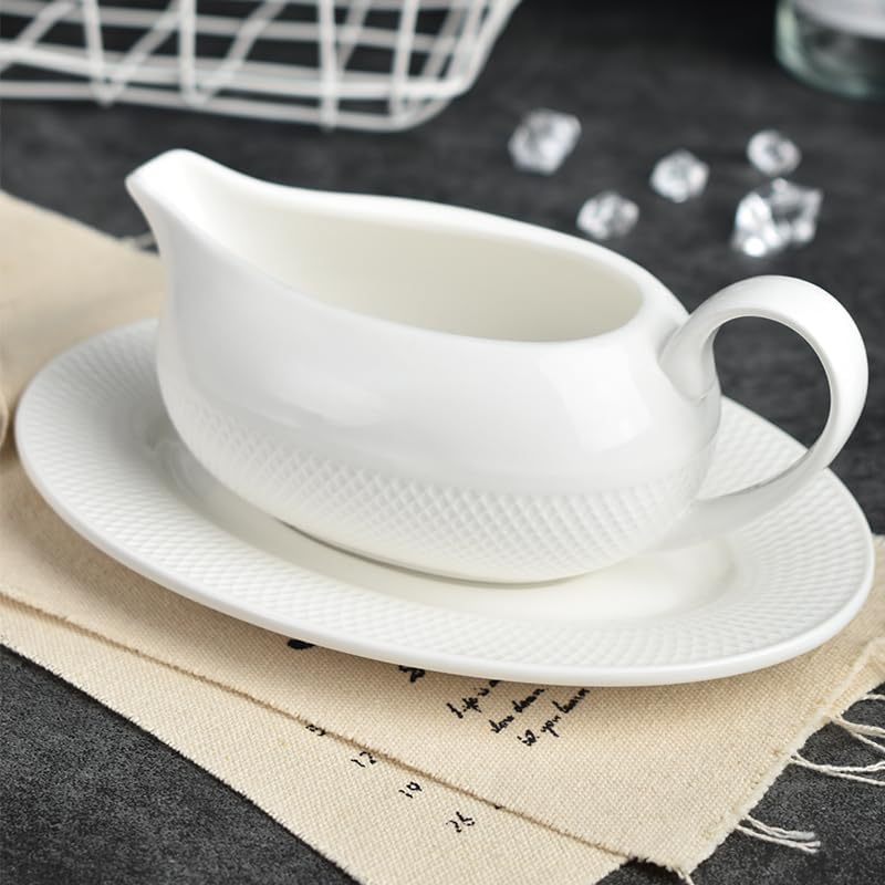 9 OZ White Gravy Boat with Tray, Ceramic Striated Sauce Serving Dish with Big Dripless Lip Spout Serveware Set For Gravy, Salad Cream, Milk, Broth, Black Pepper, Thanksgiving Halloween
