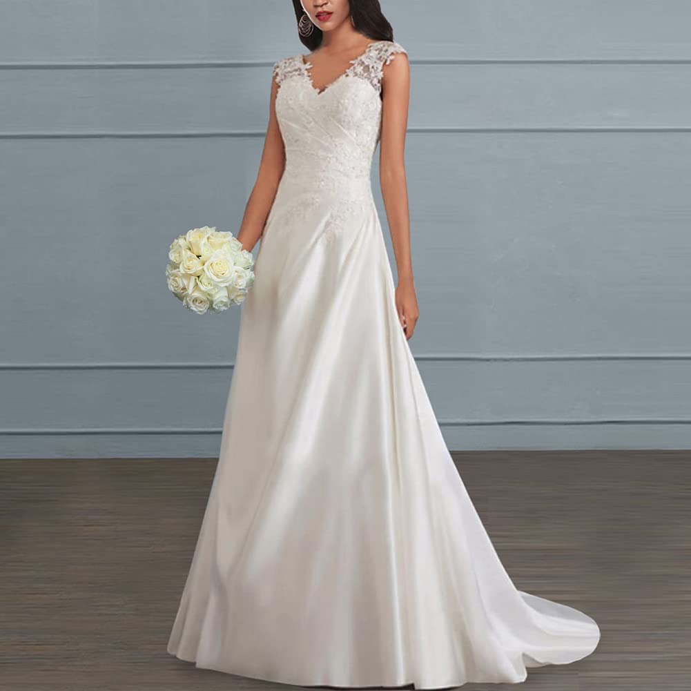 Robe de Mariée Femme Longue Col en V en Dentelle Taille Empire sans Manches Robe de Soirée Robe de Mariage en de Bal