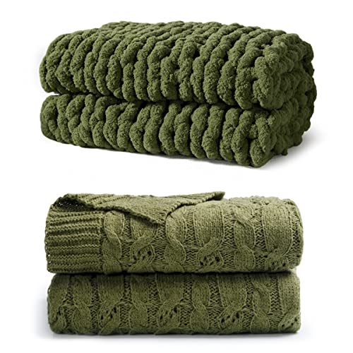 Carriediosa Chunky Knit Throw Blanket & Cable Knit Throw Blanket， 50" X 60" Olive Green #TOP20