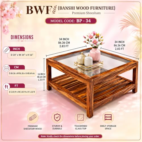 Image of BWF Premium Sheesham Wood Frame & Transparent Solid Glass Top Centre Table for Home, Office and Reception Areas | Coffee Table | Sofa Table | Under Table Shelf Storage (Natural Finish, Square Shape)
