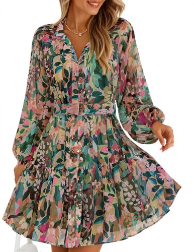 ZESICA Womens 2026 Fall Long Sleeve Floral Mini Dress Green S