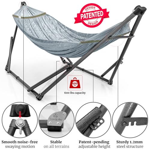 Image of Tranquillo Combo x2 Hammocks with Stand for Outside & Tree Straps, Heavy Duty Hammock with Stand 600lbs for Indoor Outdoor Patio Backyard, x2 Hammocks for 2 Person (Combo - Grey, Medium)
