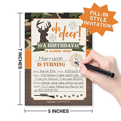 Image of Hadley Designs Kids Birthday Invitations For Boys Camo Theme - 25 Deer Hunting Birthday Party Invitations For Boys, Camouflage Oh Deer Invites For Boy, Cute Hunting Party Supplies, Made In USA