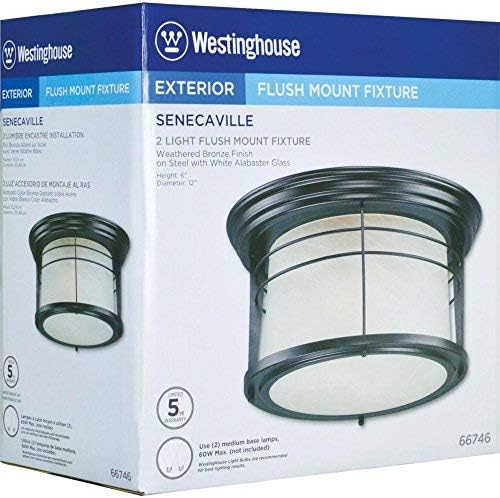 Westinghouse Lighting 05937003861 Westinghouse 6674600 Senecaville Two-Light Exterior Flush-Mount Fixture, Weathered Bronze Finish on Steel with White Alabaster Glass, 1
