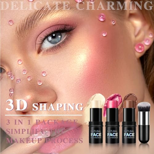 Newbang 3Pcs Contour Highlighter Cream Blush Stick For Cheeks Eyes Lips Lightweight Dewy Finish Blush Stick Waterproof Long Lasting Contour Stick Trio Wand Face Makeup Set For Girls And Women thumb #1
