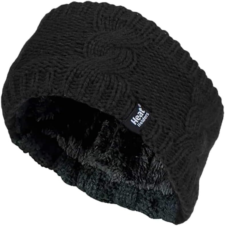 Ladies Thick Cable Knitted Fleece Lined Thermal Winter Empty Skull Ear Warmer Headband (One Size, Black)