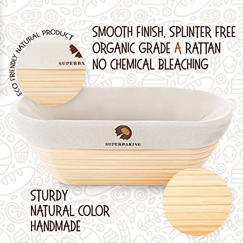 Superbaking 10" Oval Banneton Bread Proofing Basket – Sourdough Starter Kit for Crusty Artisan Style Loaves, Includes Essential Bread Baking Supplies & Tools - Ideal Gift for Bakers
