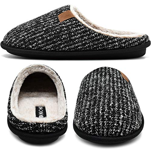 Oncai Mens Slippers Black Knit Stripes Cozy Memory Foam Scuff Slippers Slip On Warm Faux Fur House Shoes Indoor/Outdoor With Best Arch Surpport Size 14 #TOP2