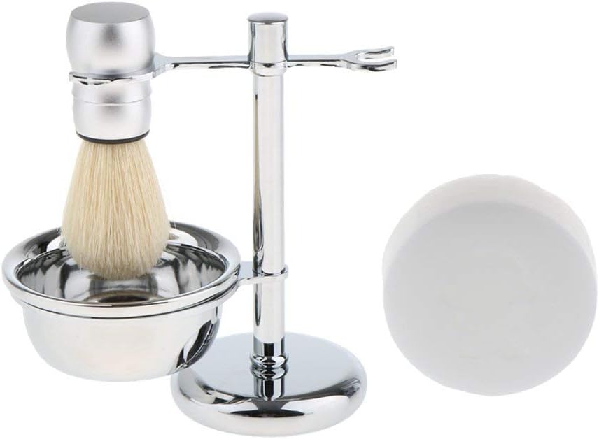 4 in 1 Men's Shaving Kit Soft Nylon Hair Brush + Stainless Steel Shaver Holder Stand & Bowl/Mug + Soap