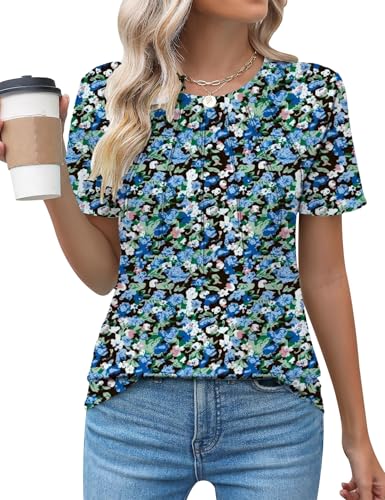 Cuptacc Tshirt Damen Sommer Rundhals Mit Falten Loceker Kurzarm 2025 Mode Tee Shirt Elegant Blumentop Groß Schwarz Blau Rosa Geblümt