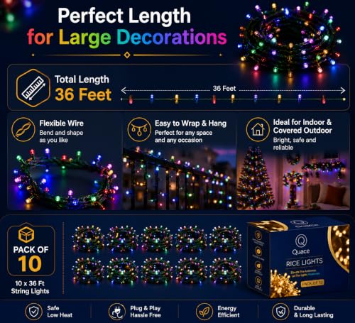 Image of Quace 36 Ft Multicolor LED Pixel String Lights | 360 Decorative Copper Wire Fairy Lights for Diwali, Christmas, Wedding, Party & Home Decor | Bright Serial LED Lighting | Pack of 10
