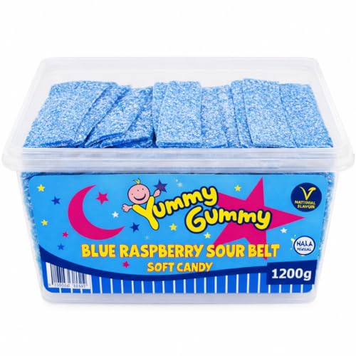 Yummy Gummy Blue Raspberry Sour Belts 1200g Soft & Chewy Sour Candy Strips Sweet & Sour Blue Raspberry Flavour Sugar-Coated Belts in Resealable Tub Vegetarian & Halal Perfect for Parties.
