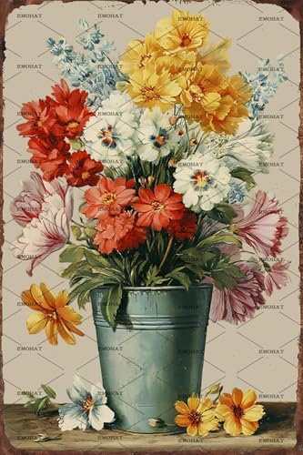 EMOHAT Brightly Colored Flowers Metal Tin Sign, Vintage Floral Wall Art for Kitchen & Home, 16x12 Inch Retro Aluminum Sign for Indoor Outdoor Office Bar Cafe