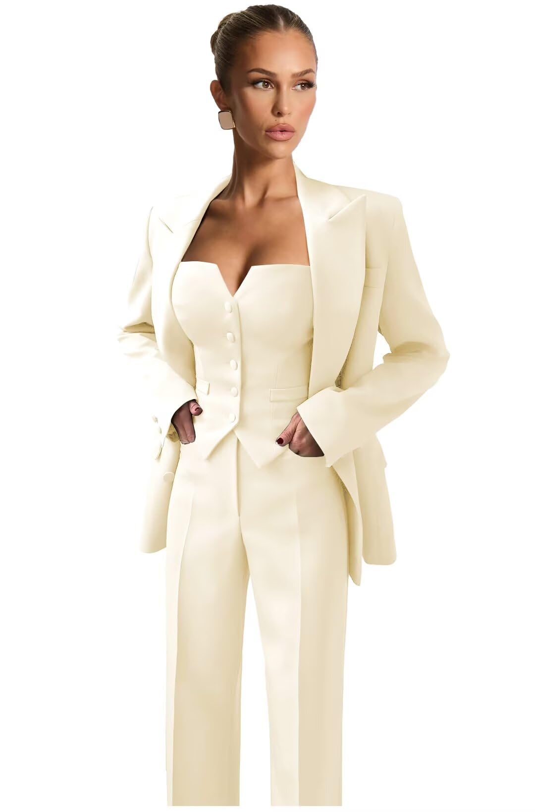 Pant Suits for Women 3 Piece Dressy Suits for Women Business Double Breasted Square Neck Womens Suit for