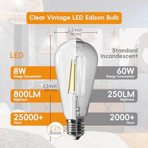 Image of Jensense Edison Bulbs E26 LED Bulb 60 Watt Equivalent, Vintage LED Light Bulbs CRI90+ ST19, Dimmable Clear Light Bulbs (2700k Warm White, 8watt-24 Pack)