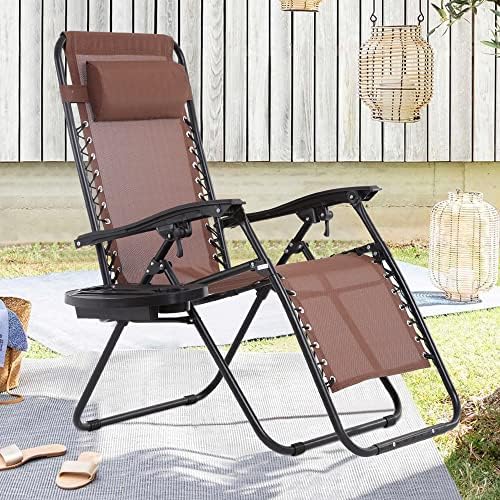 1 Pack Zero Gravity Chair Patio Chairs Lounge Chair Outdoor Adjustable Heavy Duty Folding Recliner Chairs with Pillow and Cup Holder for Camping, Garden, Patio, Lawn, Beach(Brown)