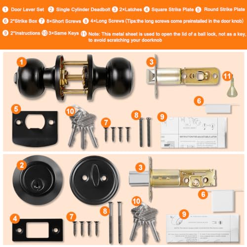 RAZCC Door Knobs, 3 Pack Matte Black Finish Entry Door Handle Lock and Single-Cylinder Deadbolt Combo Set, Key Unique Door Handle Lock and Deadbolt by RAZCC - Used condition - Image 2