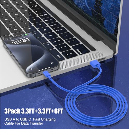 Image of 3-Pack Blue [3.3FT+3.3FT+6FT] USB A to USB C Cable, Compatible with iPhone 15 /16, iPad, Samsung, MacBook, PS5 and More, Fast Charging, Carplay Cable