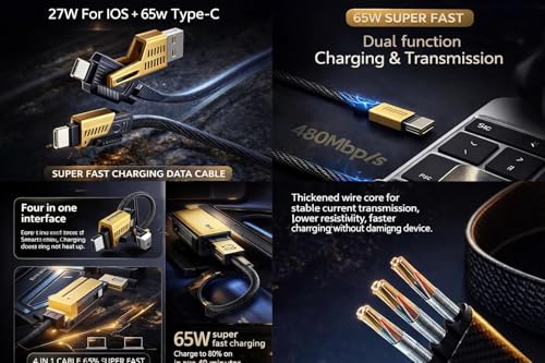 Image of 4-in-1 120W Fast Charging Cable, Nylon Braided Multi Charging Cord with USB-I, USB-C, C-to-C & I-to-C, Universal Charger Cable for iPhone, Samsung, OnePlus, Android Phones - Yellow