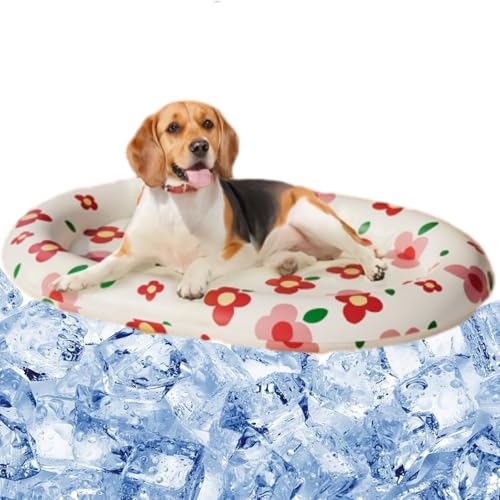 MAIBED ペット用冷感ジェルマット 夏用 ひんやり 接触冷感 花柄 楕円形 クールマット 犬 猫 ウサギ ペット用 二重構造 防水 抗菌加工 洗える 車用 人間兼用 パソコン 椅子 座布団 枕 熱中症 暑さ対策 (花柄,64*42cm(体重5kg以内適