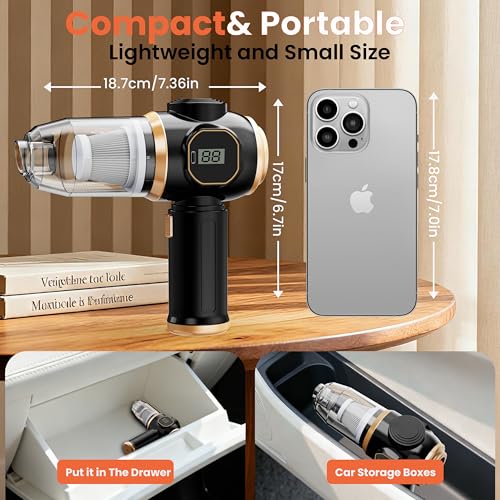 Image of Brushless Motor Portable Cordless Car Vacuum Cleaner - 25000 Pa High Power, LCD Display, Rechargeable Handheld Vacuum for Car, Home, Office | Efficiently Removes Pet Hair, Sofa (Black & Gold)
