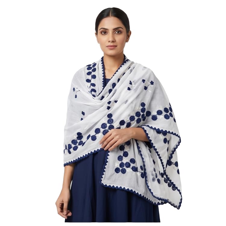 Cotton Dupatta, White with Red Floral Embroidery, Soft Summer Wear-picture-29
