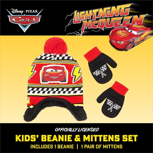 Image of Disney Boys' Winter Hat and Mitten Set, Cars Lightning Mcqueen Toddler Beanie for Ages 2-4