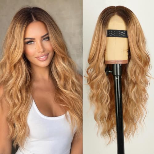 Image of AISI HAIR Honey Blonde Wig for Women, Long Wavy Synthetic Lace Wig 26Inch