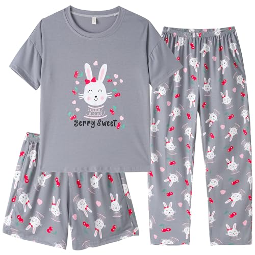 Hupohoi Girls Pajama Sets Summer Short Sleeve With Shorts & Pants Sleepwear