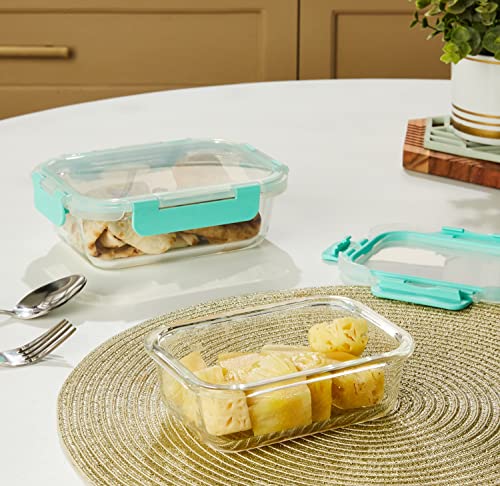 Image of Amazon Brand - Solimo Glass Storage Containers with Break-Free, Detachable Locks, Airtight, Leakproof, Microwave-Safe, Oven-Safe, Freezer-Safe, Set of 2, Rectangle (370 + 600 ml) | Transparent