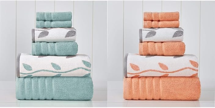 Amrapur Overseas 6-Piece 500GSM Ultra Soft 100% Cotton Towel Set with Yarn Dyed Organic Vines Jacquard & Solid Towels [Aqua & Coral]