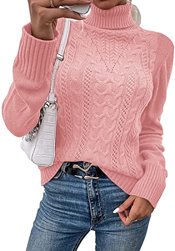 Hongqizo Women Casual Turtleneck Long Sleeve Sweater Cable Knit Pullover