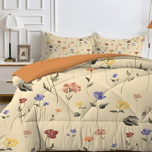PNHCL Single Duvet Yellow Single Quilt 7.5 Tog Floral Pattern Reversible Coverless Duvet Soft Comforter Set With 2 Pillowcases - Lightweight and Machine Washable, 135x200 cm