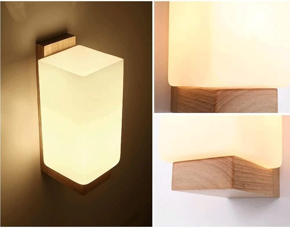 Lampada da parete in legno in stile giapponese, paralume in vetro bianco latte, base E26/E27, lampada da parete per camera da letto, studio, portico, corridoio