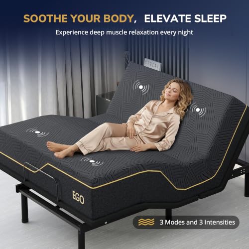 Image of EGOHOME Massage Adjustable Bed Frame Full and 14 inch Memory Foam Mattress | Independent Head and Foot Incline, Zero Gravity, 12 inch Adjustable Legs, No Headboard, Wireless Remote, Zero Clerance
