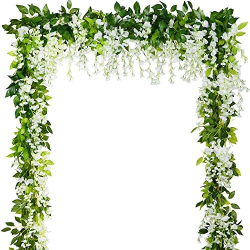 5pcs 33ft Artificial Wisteria Garland Wisteria Vine Artificial Hanging Flowers Plants Greenery Fake Leaf Garland for Wedding Kitchen Home Party Decor(Milk White)