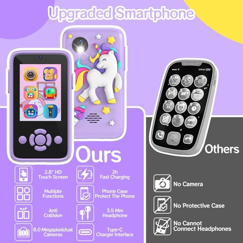 Image of Kids Smart Phone for Girls & Boys Ages 3-10 Toddler Learning Toy Touchscreen Mobile with Dual Camera Play Cellphone Games Music Christmas & Birthday Gift for Kids (Purple Unicorn)