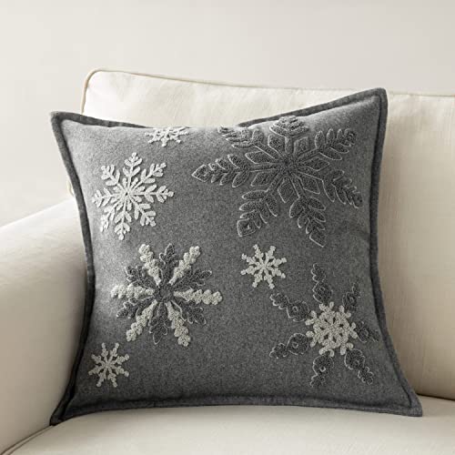 Phantoscope 1 Stück Woll-Kissenbezüge Handstickerei Schneeflocke Dekorative Schneemuster Kissenbezüge Weiche Quadratische Kissenbezüge für Schlafzimmer/Couch, Dunkelgrau, 45,7 x 45,7 cm Cover